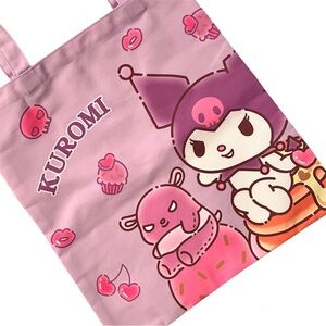 Kuromi & Baku Large Slim Tote Bag Sanrio Purple Shoulder Bag Skull Hearts Design